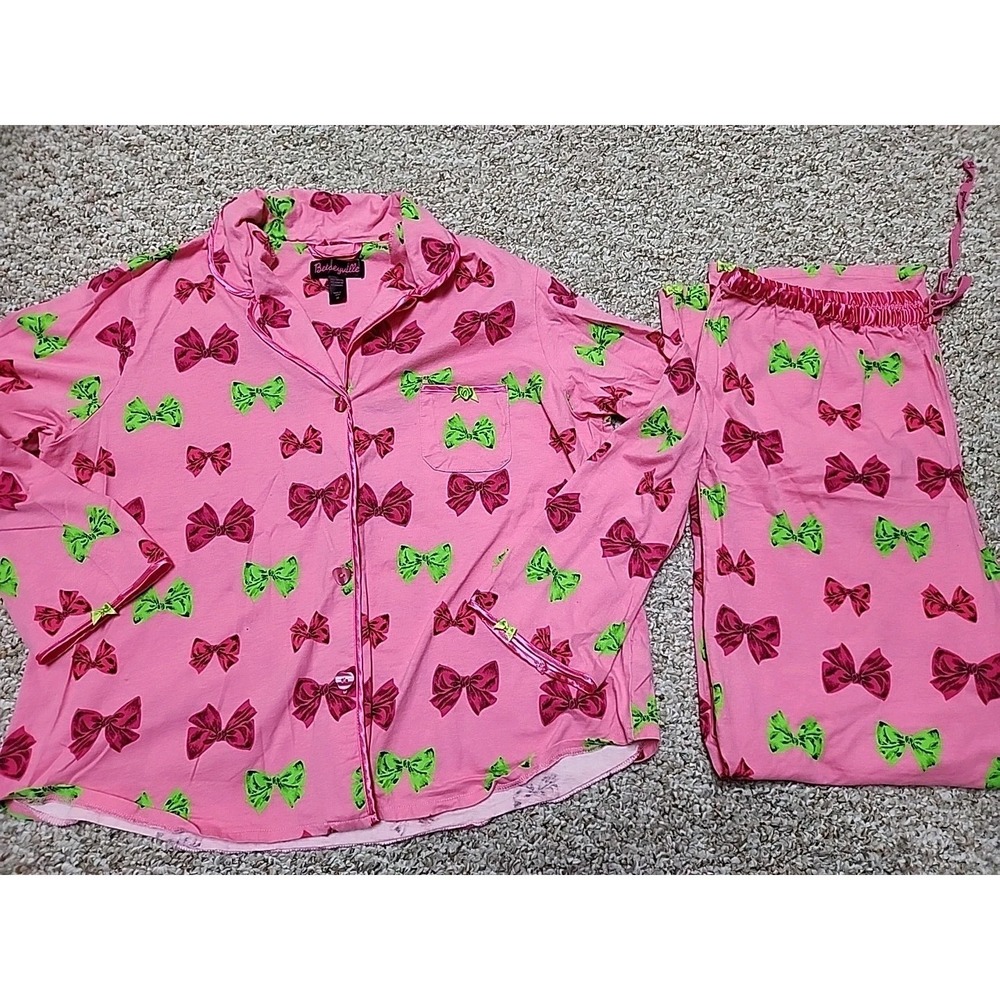 Betsey Johnson  Betseyville Pink and Green Ribbons 100% Flannel Pajamas XL 2012